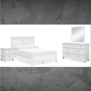 ASHLEY Fortman Queen Panel Bed with Mirrored Dresser and Nightstand W/ QUEEN PLUSH MATTRESS & FOUNDATION
