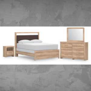 ASHLEY Kinlanni Queen Upholstered Panel Bed, Dresser, Mirror and Nightstand W/ QUEEN PLUSH MATTRESS & FOUNDATION