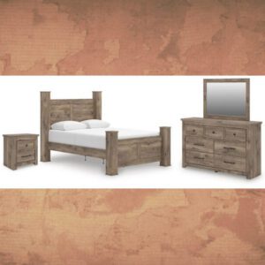ASHLEY Rusticott Queen Poster Bed with Mirrored Dresser and Nightstand W/ QUEEN PLUSH MATTRESS & FOUNDATION