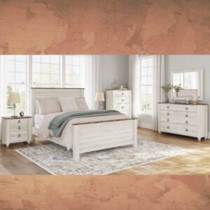 ASHLEY Willowton Queen Panel Bed with Mirrored Dresser and Nightstand W/ QUEEN PLUSH MATTRESS & FOUNDATION