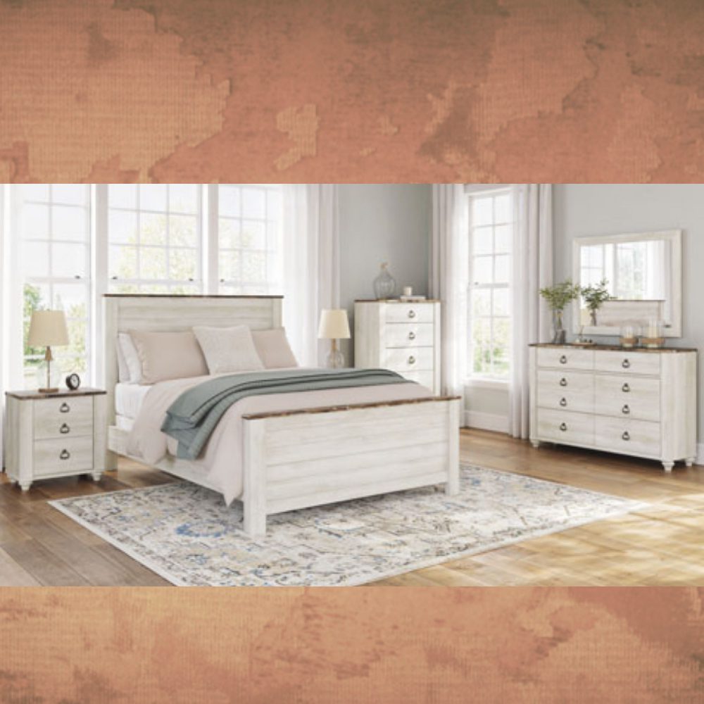 ASHLEY Willowton Queen Panel Bed with Mirrored Dresser and Nightstand W/ QUEEN PLUSH MATTRESS & FOUNDATION