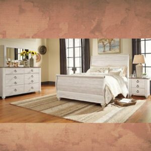ASHLEY Willowton Queen Sleigh Bed with Mirrored Dresser and Nightstand W/ QUEEN PLUSH MATTRESS & FOUNDATION